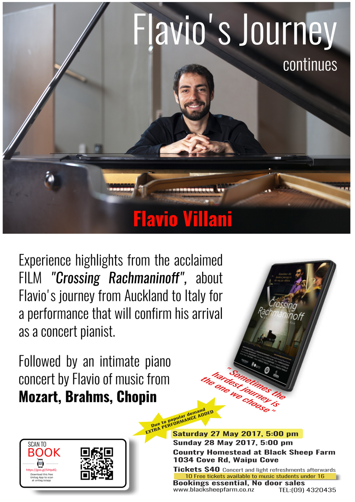 Waipu Hose Concert, Pianist Flavio Villani , Country Homesteads, Lisa and Anthony Uphof  presents excerpts from Flavio's acclaimed  Biographical Film "Crossing Rachmaninoff" followed by performance by Flavios of works by Mozart, Brahms and Chopin. This concert is titled Flavio's Journey continues